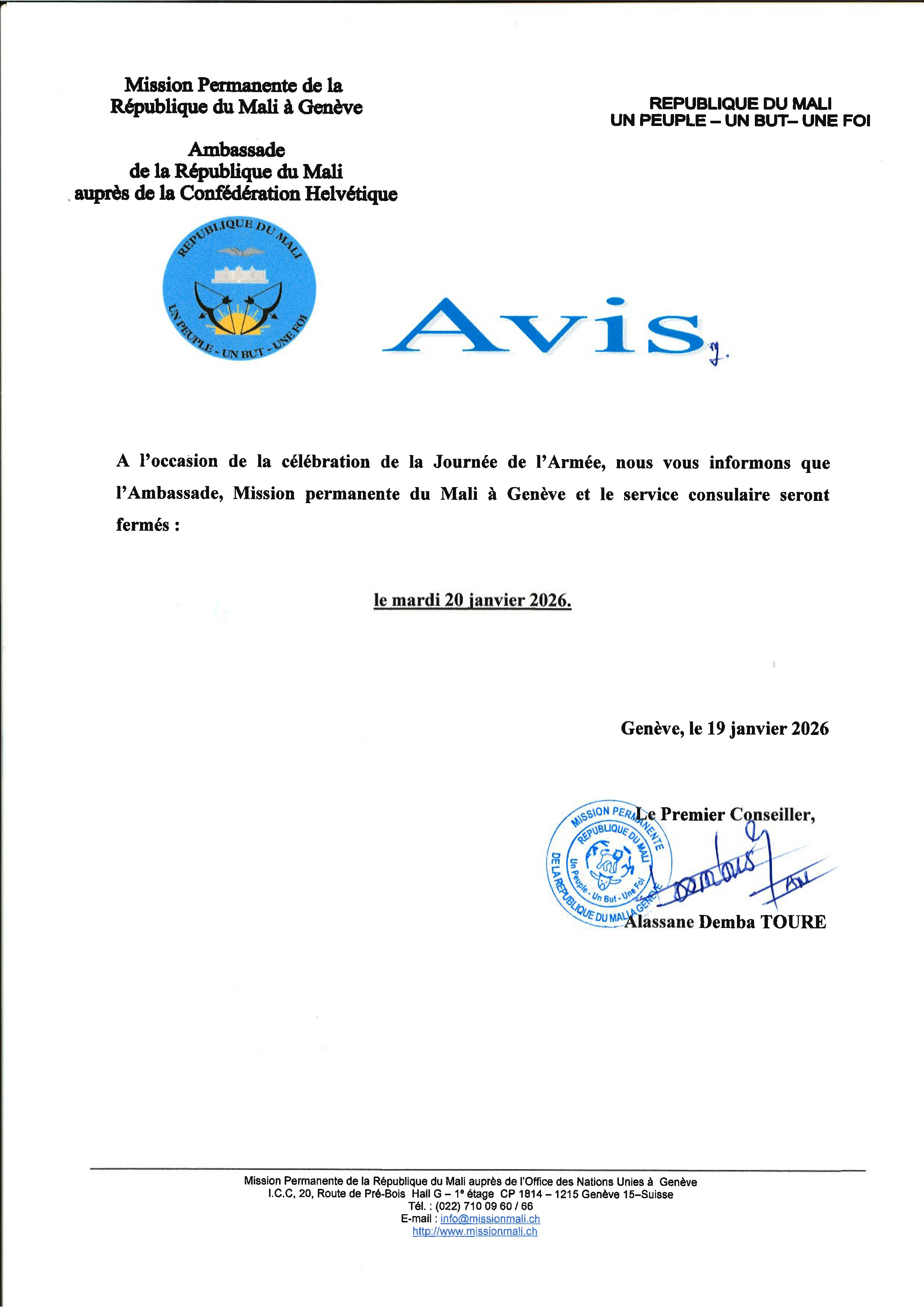 Fermeture de l'Ambassade en l'occasion de la journée de l'Armée